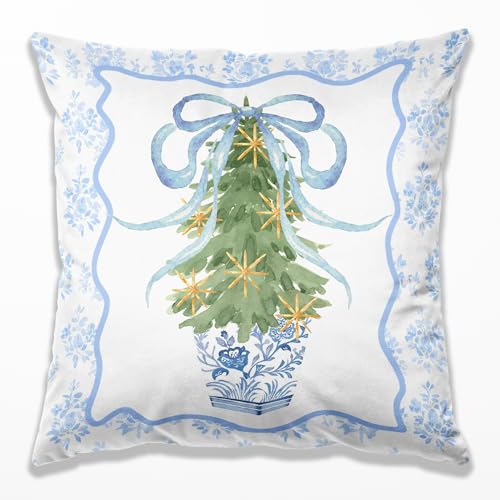 Blue Chinoiserie Christmas Tree Pillow Covers 18x18, Grandmillennial Christmas Decor, Preppy Girly Blue Bow Xmas Tree Star Throw Pillow Covers for Girls Room Dorm Apartment Sofa Couch - color: 31 Color