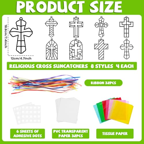 Lonfliness 32 Set Cross Suncatchers Craft DIY Religious VBS Window Stain Glass Effect Paper Christian Home Sunday Easter Decorations Art Craft Creative Activity Project Gift Favor - style: Cross