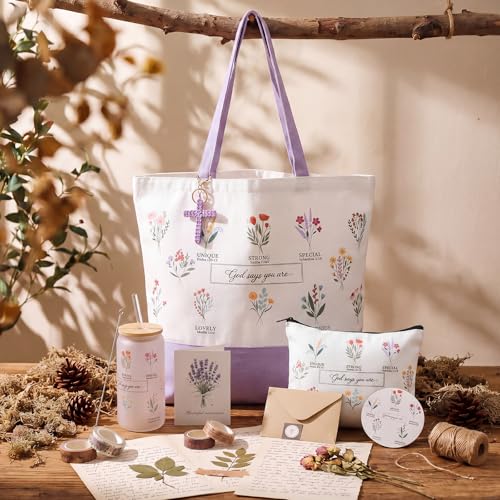 Aliceset Purple Christian Gift Set for Women Religious Gifts Bible Verse Tote Bag Inspirational Faith Based Cosmetic Bag, Cross Keychain, 16 oz Glass Cup, Coaster Greeting Card Catholic Church Gifts - color: Purple