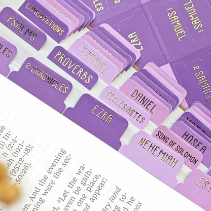 Laminated Bible Tabs for Women and Men, Gold Foil Embossed Lettering - style: Gentle Purple
