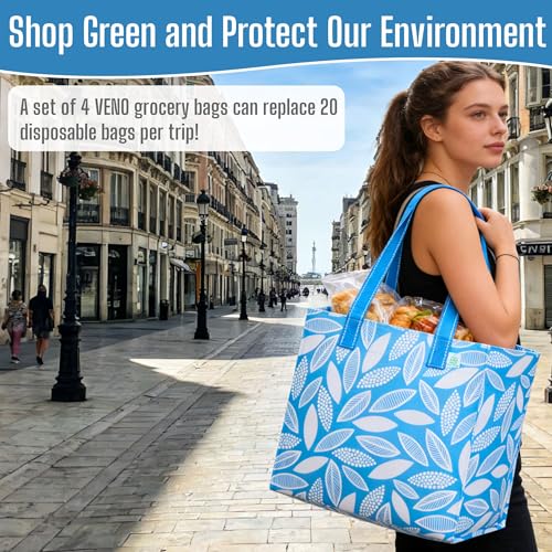 VENO 4 Pack Large Grocery Bag Reusable Shopping Bags with Hard Bottom - color: Spring Breeze