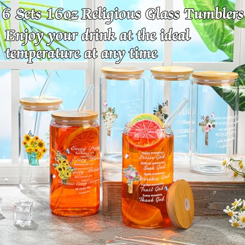 Maxcheck 6 Set Christian Gift Faith Floral Glass Cups with Lids and Straws - style: Floral