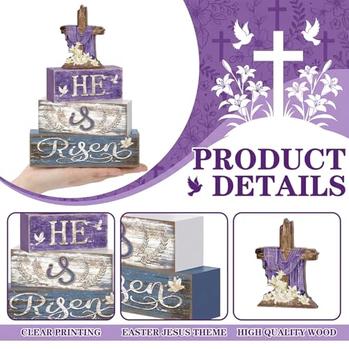 Britimes Tiered Tray Decor Set, 4 Pack, Wooden Table Sign, Easter Christian - style: He Is Risen Cross