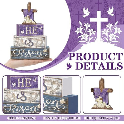 Britimes Tiered Tray Decor Set, 4 Pack, Wooden Table Sign, Easter Christian - style: He Is Risen Cross