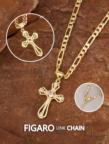 14K Gold Plated Cross Necklace for Women, Cubic Zirconia Copper Cross Pendant, Valentine Mother's Day Gifts for Her with Jewelry Box Figaro Link Chain, Alloy Infinity CZ Diamond Bridal Wedding - color: Gold