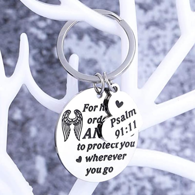 Religious Angel Wings Keychains Psalm 91:11 Bible Verse Keyring Inspirational Gifts for Family Bags Car Keys Charms