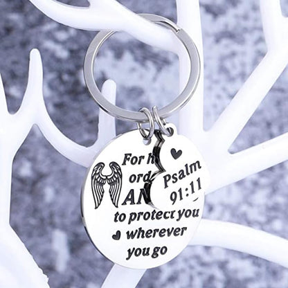 Religious Angel Wings Keychains Psalm 91:11 Bible Verse Keyring Inspirational Gifts for Family Bags Car Keys Charms