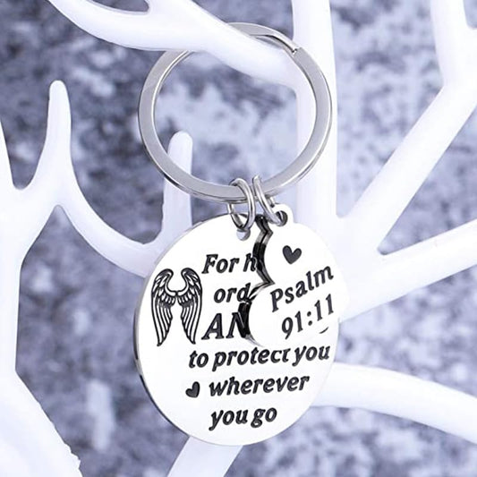 Religious Angel Wings Keychains Psalm 91:11 Bible Verse Keyring Inspirational Gifts for Family Bags Car Keys Charms