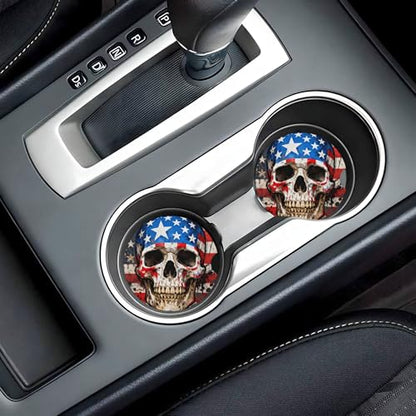 American Flag Skull Car Cup Holder Coasters 2 Pack 2.63" for Women - color: Beige‌