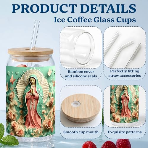 Virgin Mary Glass Cup with Lid and Straw, Religious Floral Illustration Clear Glass Tumbler, Bamboo Lid Iced Coffee Cup, Faith Inspired Art Glass Coffee Mug for Daily Use, 16oz
