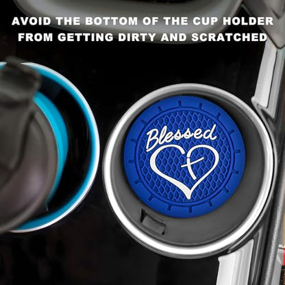 2PCS Car Cup Holder Coaster, 2.76 Inch PVC Anti Slip Car Cup Insert Coaster with Blessed Cross and Heart, Shockproof Dustproof Drink Mat Universal for Most Vehicles Interior (Blue) - color: Blue