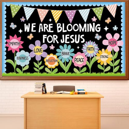 Religious Christian Bulletin Board Sets Sunday School Decoration for Classroom Church Positive Floral Bulletin Board We are Blooming for Jesus Paper Cutout for Back to School Christian Summer Decor