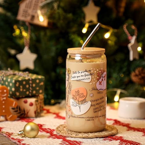 Spanish Bible Verse Coffee Mugs - Christian Gifts for Women, 16oz Religious Glass Tumbler with Lid & Straw, Inspirational Spanish Scriptures, Regalos Religiosos Para Mujer En Español - color: Spanish Bible Verse
