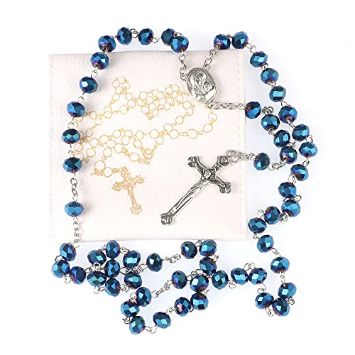 Rosary Beads for Women With Box, Blue Crystal Catholic Necklace, Last Supper Vintage Jewelry Box, Anglican Prayer Beads Christian Gifts - color: Blue Crystal + Rosary Punch