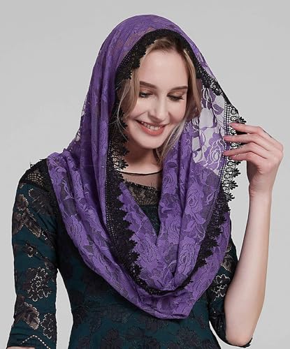 YHDDYG Infinity Veil for Catholic Mass Lace Infinity Scarf Church Veil for Girls Mantilla Infinity Veils Roses S97 - color: Purple Infinity