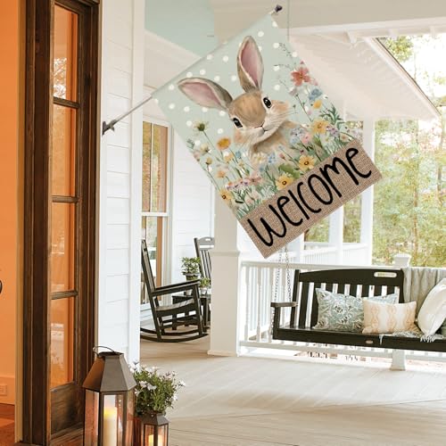 AVOIN colorlife Spring Easter Bunny Welcome House Flag 28x40 Inch - color: Blue, size: House Size-28 x 40"