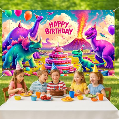 70.8x43.3 Inch Happy Birthday Dinosaur Banner Colorful Dino T-Rex Volcano Cake Balloon Backdrop Party Decoration Boys Kids Dinosaur Birthday Party Supplies Photo Background - color: ColorfulB548, size: 70.8 x 43.3 Inch