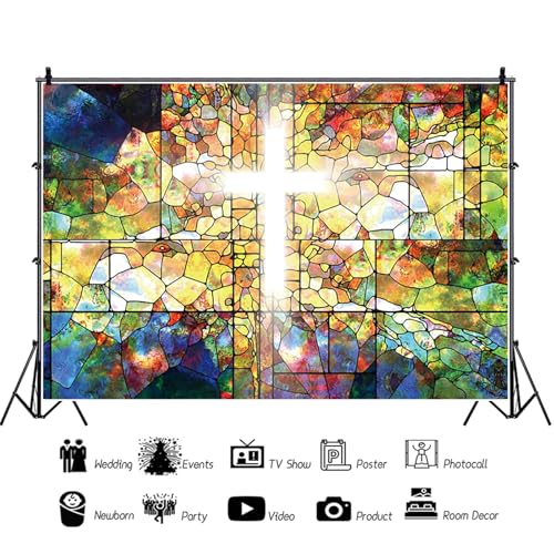 7x5ft Jesus Christ Cross Backdrop Stained Glass Holy Bible for Church Event Photography Background Crucifix Christian Religious Easter Decorations Banner Portraits Photo Studio Props - size: 7x5ft