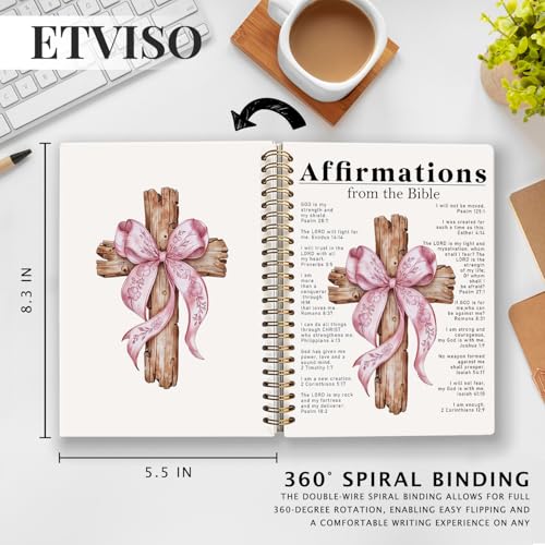 ETVISO Pink Bow Spiral Bible Notebook for Note Taking, Affirmations from the Bible Christian Gifts for Women Girls, Bible Study Supplies Journal, Cute Preppy Hardcover Spiral Notebooks 5.5 x 8.3 - color: 01-Bible(Affirmations from the Bible)