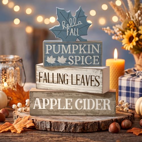 Moucuny 4 Pcs Fall Table Decoration Rustic Blue Maple Leaf Wooden Blocks - style: Blue Maple Leaves