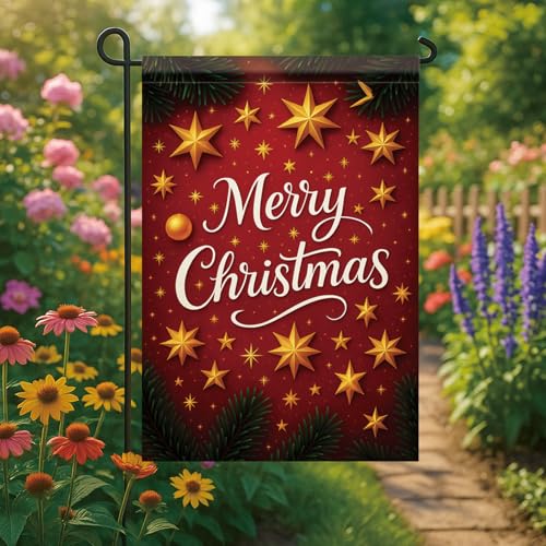 Christmas Garden Flag Gold Stars Red Background 12x18 Inch Double Sided Outdoor Yard Banner for Holiday Merry Christmas Decoration Festive Seasonal Winter Decor. - color: Gold Stars Red Background