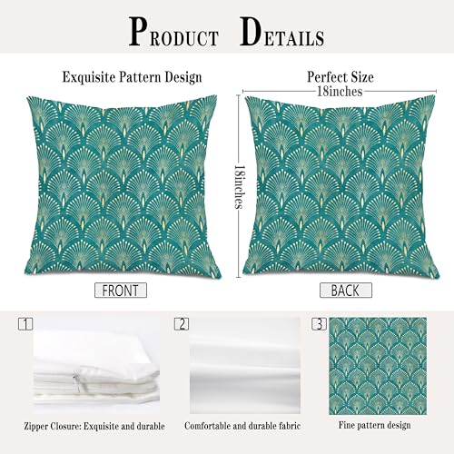 Turquoise Green and Gold Art Deco Abstract Pillow Covers 18x18, Art Nouveau Decor, Boho Modern Aesthetic Fanshaped Decorative Throw Pillow Covers for Bedroom Living Room Home - color: Colour 11