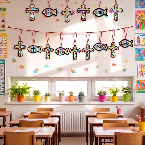Renbuzhu 48PCS Sunday School VBS Crafts Bulk: Paper Cross Fish Nativity Suncatchers, Jesus Religious Christian Activity DIY Kits Church Decorations, Window Stained Glass Effect Art Supplies - style: jesus fish and cross