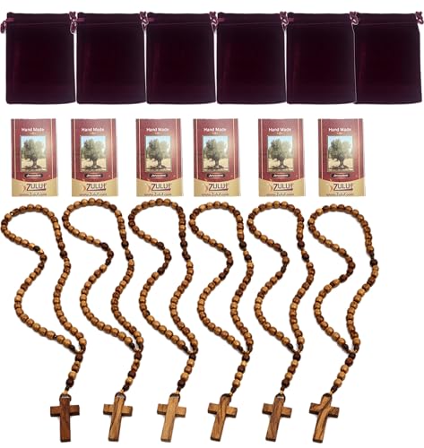 Zuluf Olive Wood Catholic Rosary Set of 6 - Holy Land Israel Wooden Prayer Beads with Traditional Cord & Wooden Cross, Bulk Religious Rosaries for Church, Sacraments, Baptism, Confirmation, Rosarios Católicos