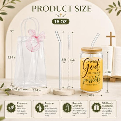 Iced Coffee Mugs, 8 Sets, Glass, 16 oz, Reusable, Floral Bible - color: Bible Verse