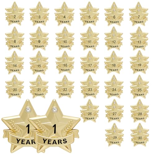Years of Service Pins, Gold Star Pin for 1-30 Year Work Anniversary, Long Standing Employee Recognition Award Star Pins for Staff, Team & Volunteers - style: 1-30 Years