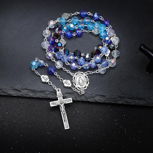KOMI Crystal Rosary Beads with Jesus Crucifix, Catholic Necklace for Women First Communion Rosarios Wedding Rosary with Velvet Bag - style: 8MM-A