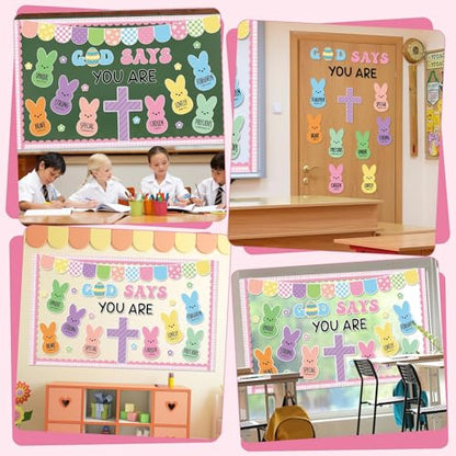 Easter Christian Bulletin Board Decorations God Says You are Religious Classroom Paper Cutouts Inspirational Cross Bunny Decor for Sunday School Church Classroom Chalkboard Wall Decor Teacher Supplies - style: God says you are