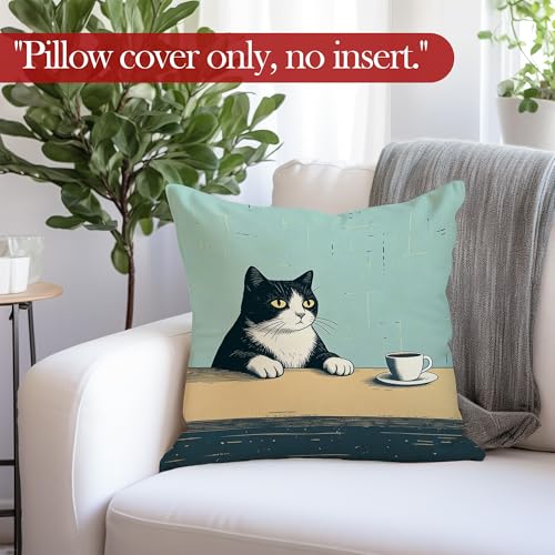 Funny Tuxedo Cat Coffee Throw Pillow Cover, Cat Lovers Gifts, Whimsical Kitten Drinking Coffee Decorative Pillowcases Cushion Cases for Home Bedroom Cafe Decor, 18x18 Pillow Cover - color: Cat Coffee