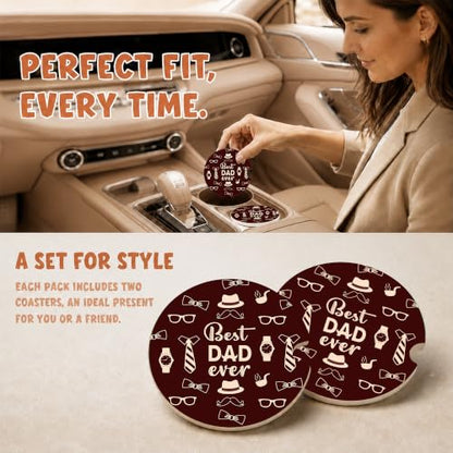 Best Dad Ever Car Coasters, Brown Retro Gentleman Cup Holders, 38 - color: Best Dad Ever