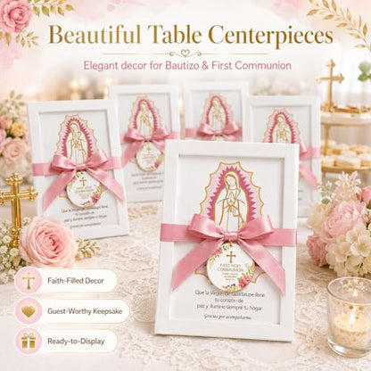 12 Pcs Virgen de Guadalupe First Communion Favors for Guests, Pink Our Lady of Guadalupe Wooden Picture Frames with Satin Bows, Catholic Recuerdos de Primera Comunión, 5.79 x 7.87 in