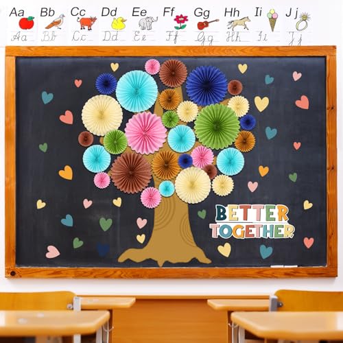 Gersoniel 62 Pcs Back to School Bulletin Board Set Boho Tree Bulletin Board Decorations for Classroom DIY Tree Paper Fans Cutouts Better Together Wall Decor for Home School Classroom Teacher Supplies - style: Boho