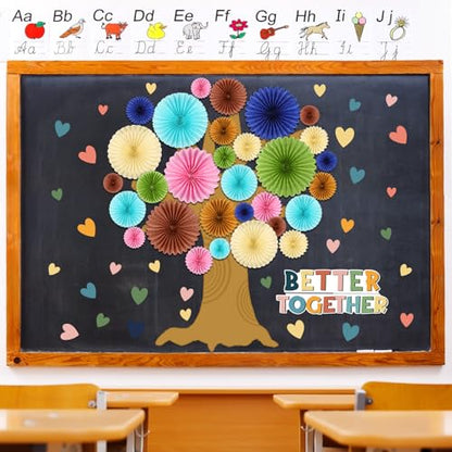 Gersoniel 62 Pcs Back to School Bulletin Board Set Boho Tree Bulletin Board Decorations for Classroom DIY Tree Paper Fans Cutouts Better Together Wall Decor for Home School Classroom Teacher Supplies - style: Boho