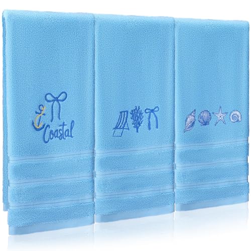SmoothNovelty 3 Pcs Beach Coastal Hand Towels Cotton Ocean Starfish Shell - color: Beach, size: 13.3 x 29.5 inches