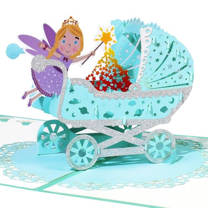 GREETING ART Welcome New Baby Boy Card, Baby Shower Card for Boy, New Baby Stroller Congratulations Cards - color: Baby Stroller Blue