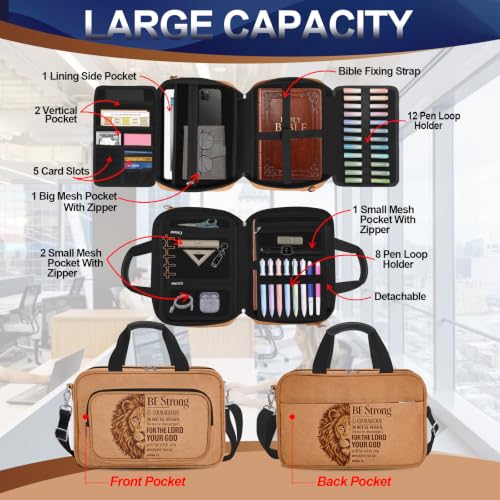 Brown Lion Large Bible Cover Case for Men, Bible Bag Carrying Case with Strap & Handle Zipper Pocket, Bible Study Supplies Journaling Kit with Pens Highlighters Tabs Christian Gift - color: Lion