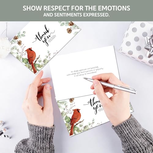 C2U 24 Pack Funeral Thank You Cards with Envelopes & Stickers – Cardinal Bird Branch Sympathy Cards for Bereavement, Memorial Service – Pre-Printed Condolence Cards with Space to Write – 4x6 Inch Acknowledgment Notes for Loved Ones (24)