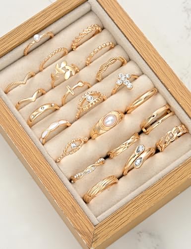 Gold Stackable Rings Set for Women, Gold Plated Chunky Crystal Finger Rings - color: Gold Eye