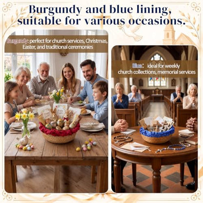 Newtay 10.3 Inch Round Offering Baskets for Church, Wicker Offering Bowl with 2 Removable Liners, Rattan Church Tithes Donation Bowl Communion Smudge Storage Basket for Home Altar Decor