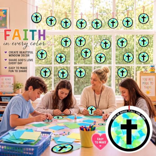 Motipuns 32 Sets Cross Suncatcher Craft Kit, 5.9 Inch VBS Tissue Paper - style: Vbs Cross