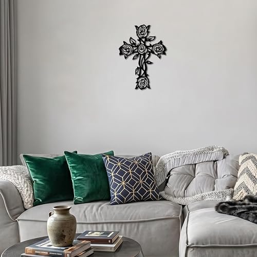 Zckjnoi Black Metal Rose Cross Wall Decor, Christian Cross Floral Art for Church Home Bedroom Living Room Dining Room Porch, Religious Flower Cross to Hang on Wall, Cool Gifts for Christian