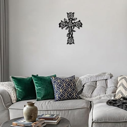 Zckjnoi Black Metal Rose Cross Wall Decor, Christian Cross Floral Art for Church Home Bedroom Living Room Dining Room Porch, Religious Flower Cross to Hang on Wall, Cool Gifts for Christian