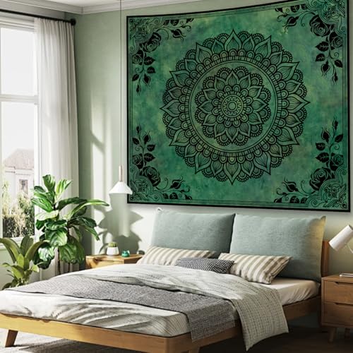 Green Boho Mandala Tapestry for Bedroom, Large Hippie Ceiling Wall Hanging - color: Green Tapestry, size: 90"L x 71"W