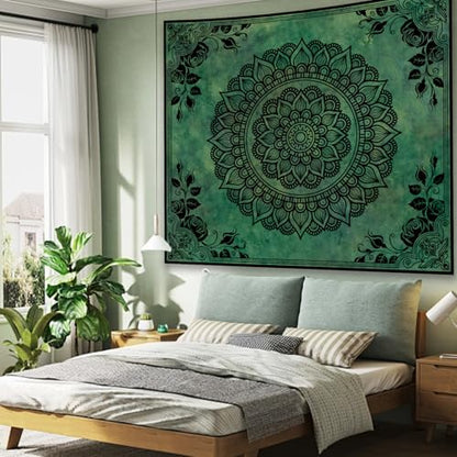 Green Boho Mandala Tapestry for Bedroom, Large Hippie Ceiling Wall Hanging - color: Green Tapestry, size: 90"L x 71"W