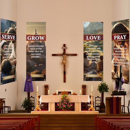 4Pcs Spring Church Banners for Sanctuary Wall Welcome Religious Banner Hanging Backdrop Yellow Serve Grow Love Pray Signs Bible Verses Scripture Church Hanging Signs for Sunday School Decor - style: Serve Grow Love Pray