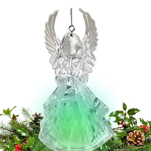 Lighted Acrylic Angel Christmas Ornaments Set of 4, Clear LED Angel Figurines with Reading Book, Horn, Harp & Praying Designs, 4.25 Inch Hanging Angel Tree Decorations, Religious Holiday Décor